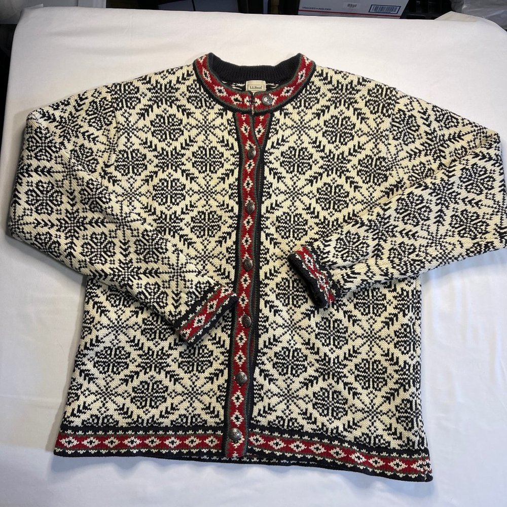 LL Bean Women 100% Cotton Nordic Navy White Snowflake Button Cardigan Sweater La